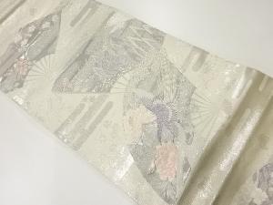 リサイクル　プラチナ箔九百錦扇に花鳥模様織出し袋帯